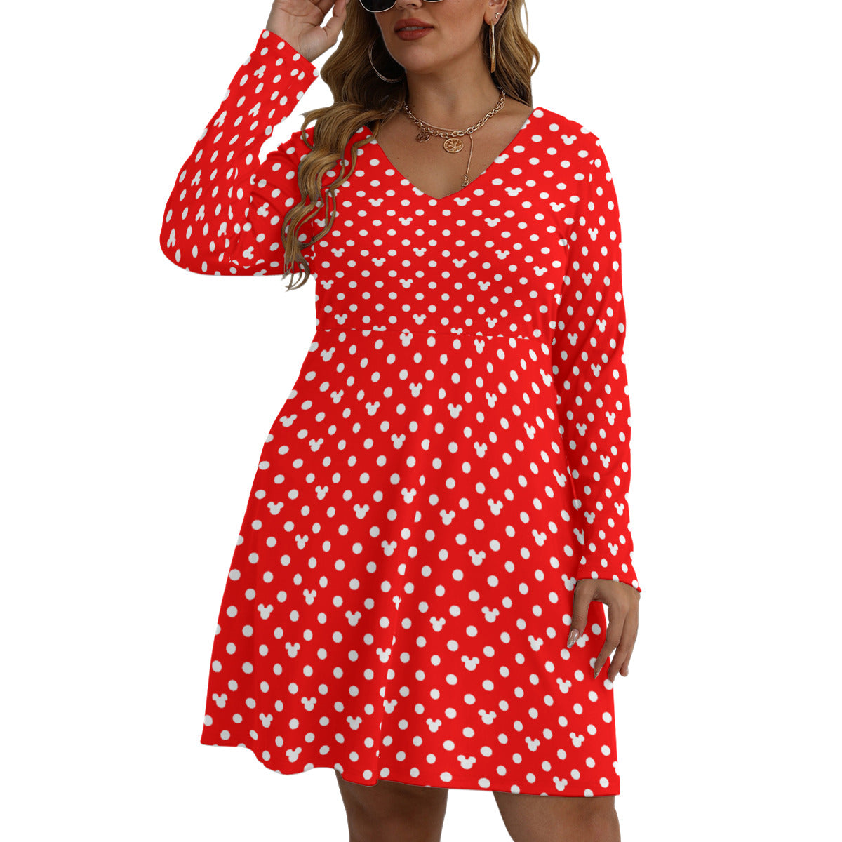 Red With White Mickey Polka Dots Plus Size Women's V-neck Long Sleeve Dress