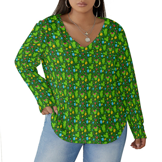 Flower And Garden Women's Plus Size V-Neck T-Shirt With Curved Hem