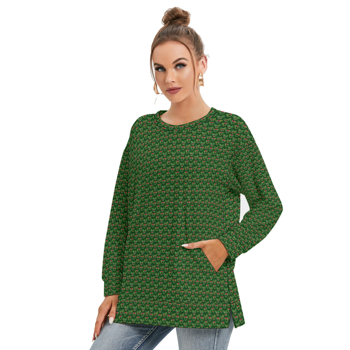 Christmas Wreaths Women's Side Split O-neck Sweatshirt With Pockets