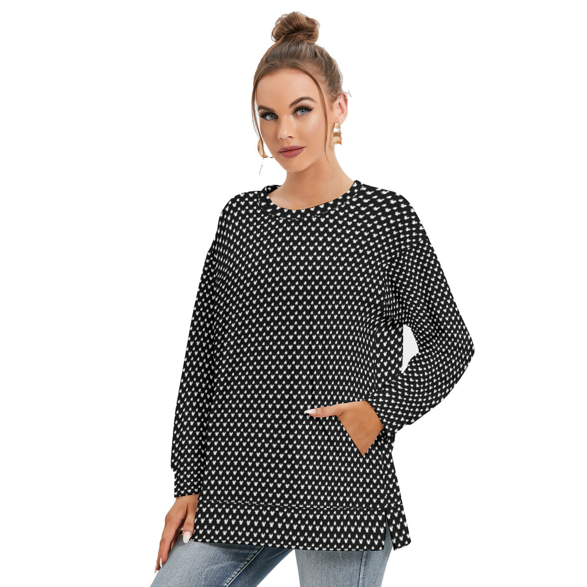 Black With White Mickey Polka Dots Women's Side Split O-neck Sweatshirt With Pockets