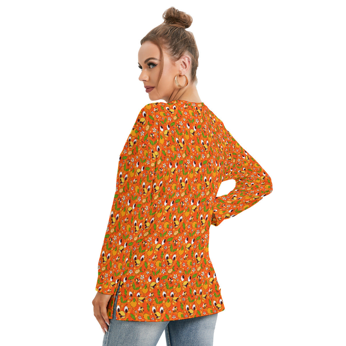 Orange Bird Women's Side Split O-neck Sweatshirt With Pockets