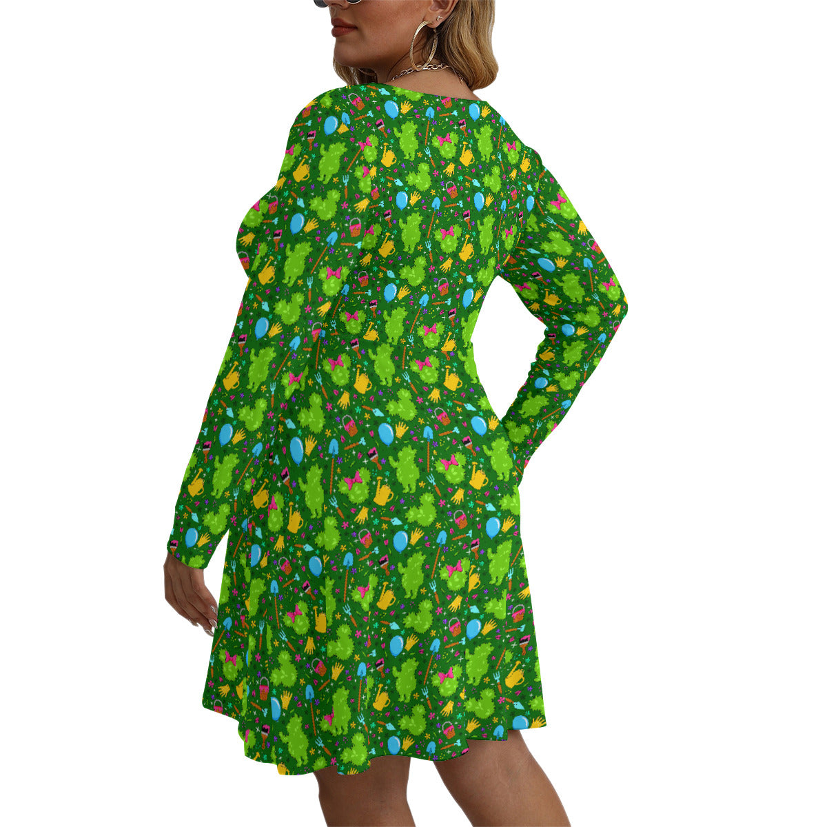 Flower And Garden Plus Size Women's V-neck Long Sleeve Dress