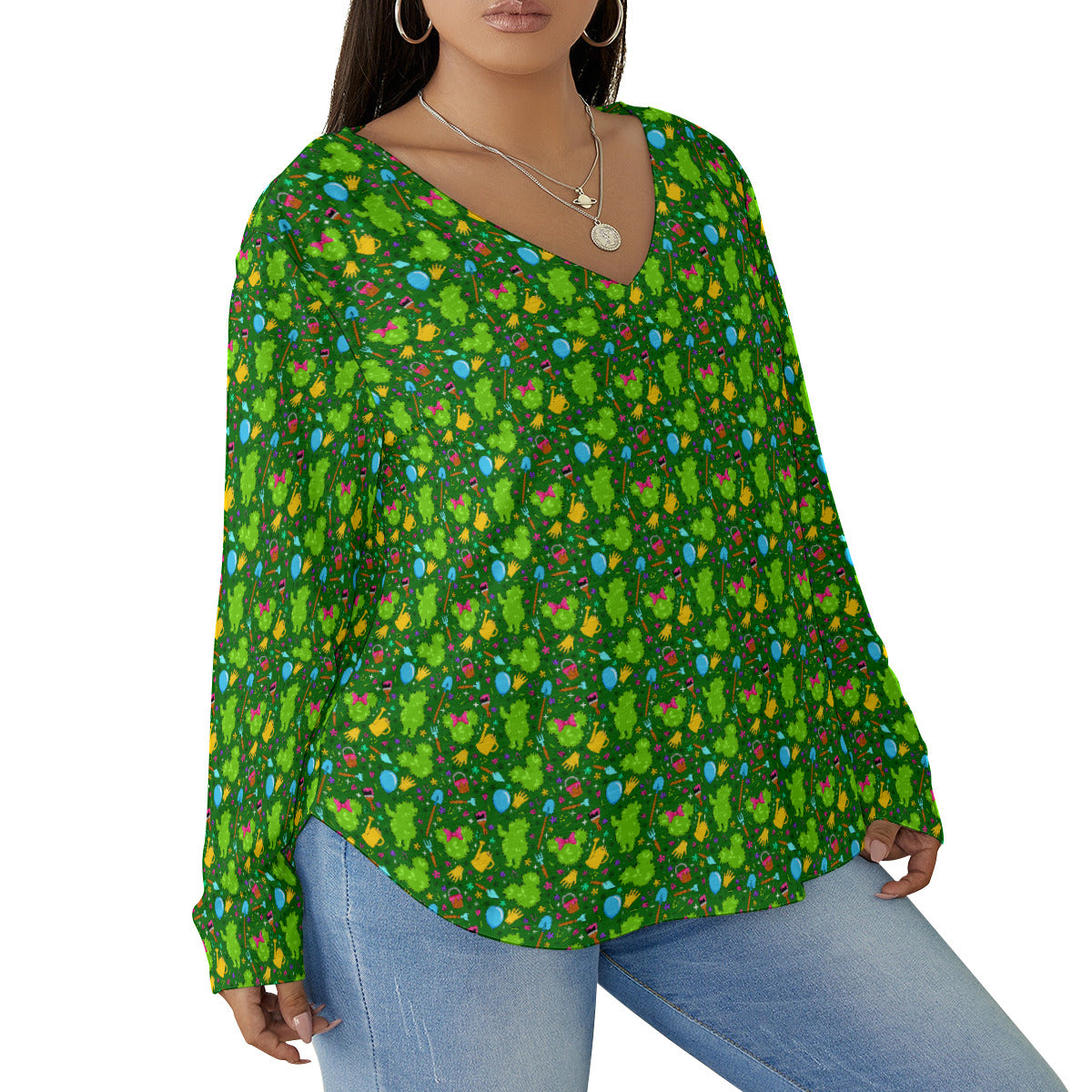 Flower And Garden Women's Plus Size V-Neck T-Shirt With Curved Hem