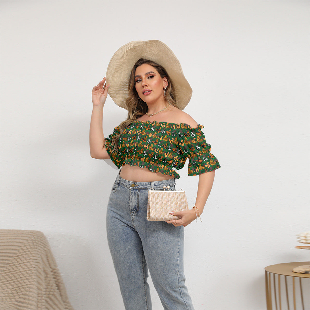 Animal Prints Women's Off-Shoulder Cropped Top With Short Puff Sleeve