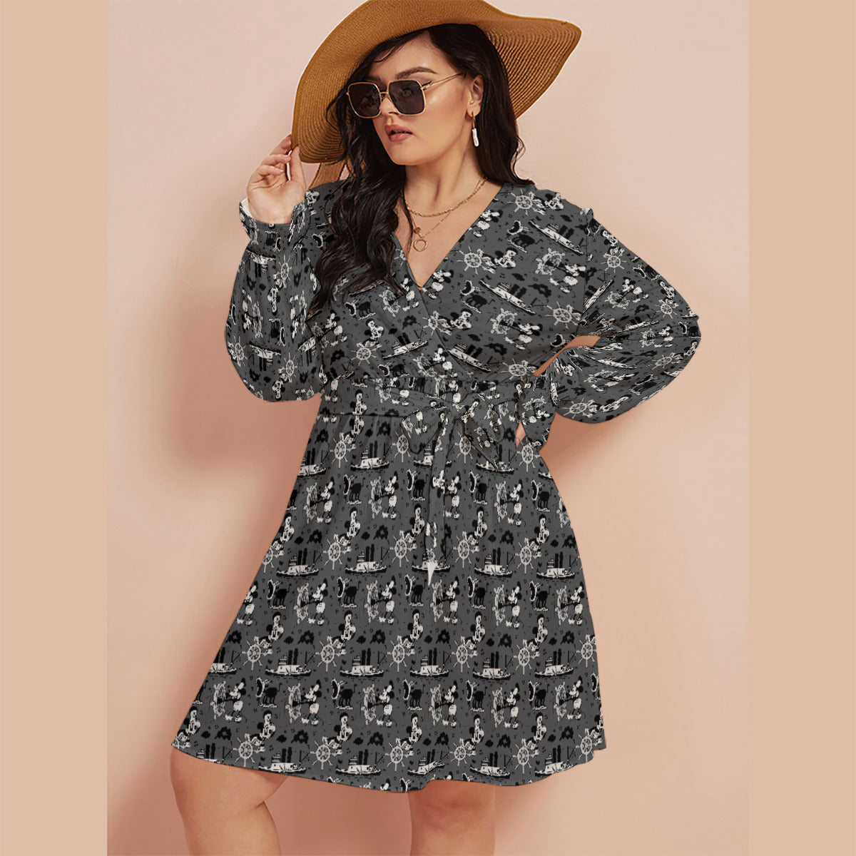 Steamboat Mickey Women's Plus Size V-neck Dress With Waistband