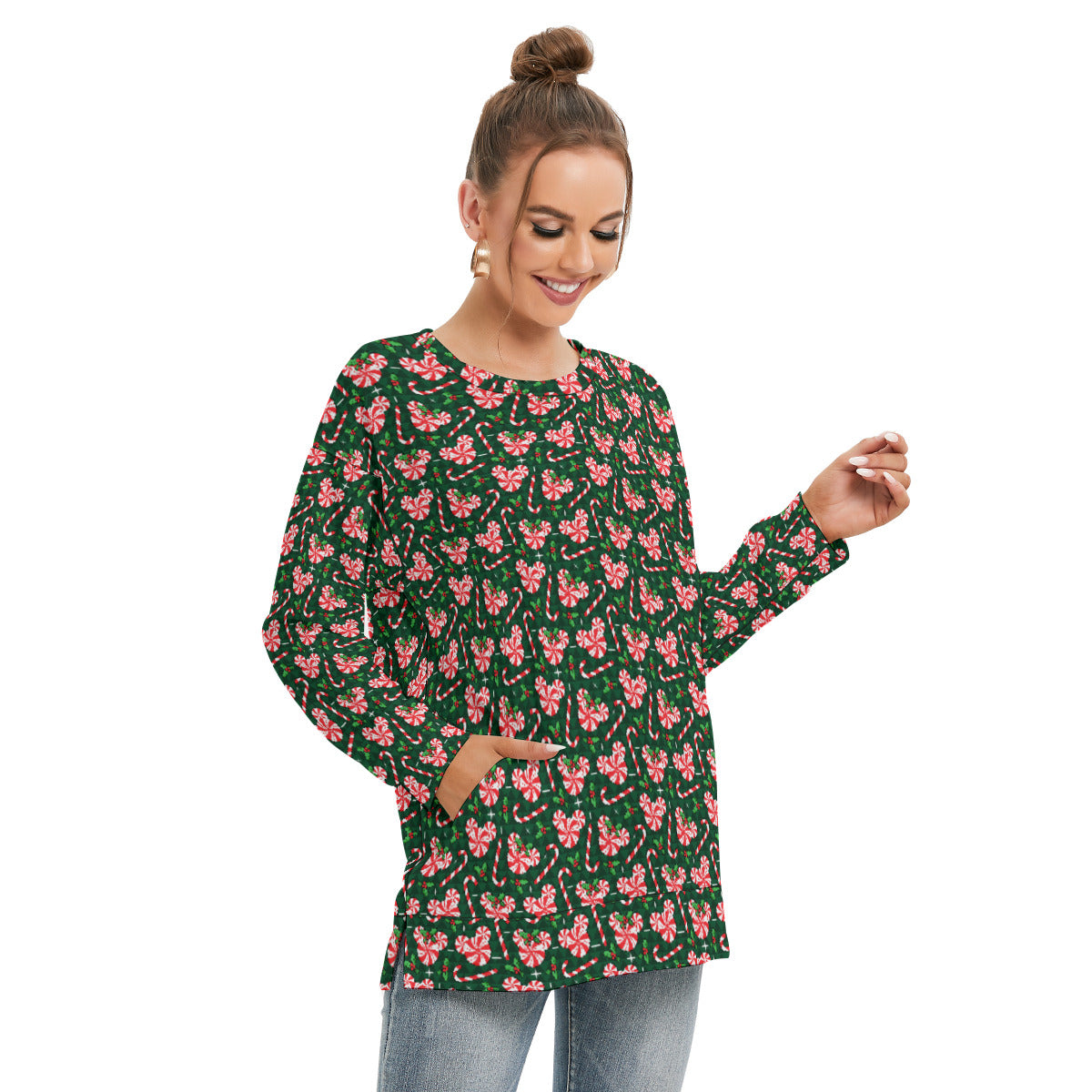 Christmas Peppermint Women's Side Split O-neck Sweatshirt With Pockets