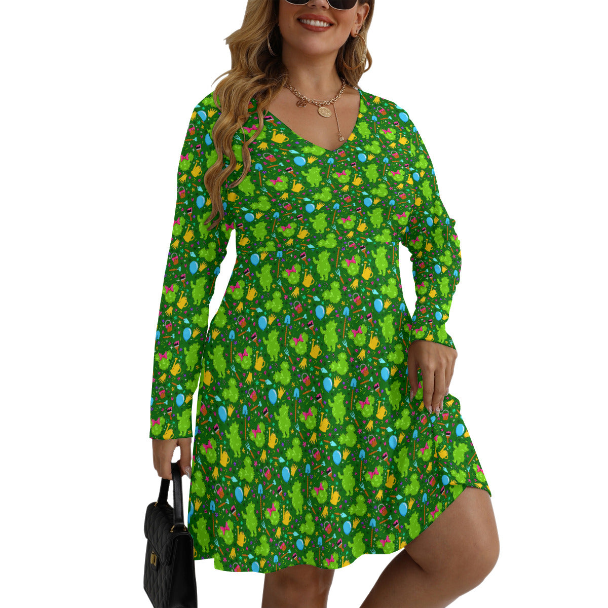 Flower And Garden Plus Size Women's V-neck Long Sleeve Dress