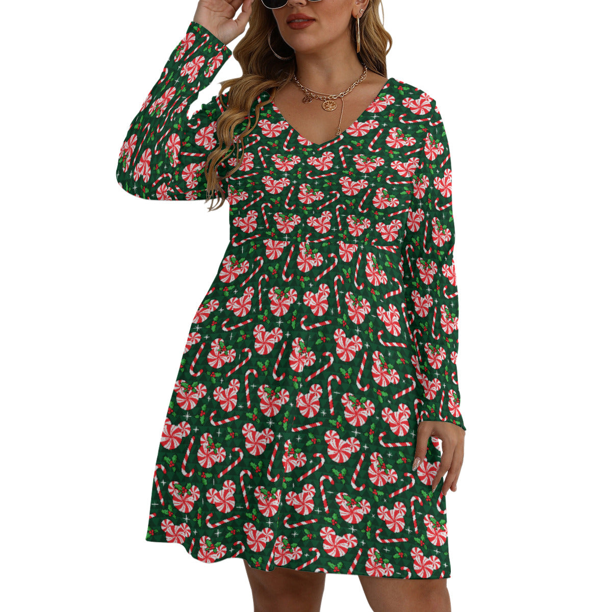 Christmas Peppermint Plus Size Women's V-neck Long Sleeve Dress