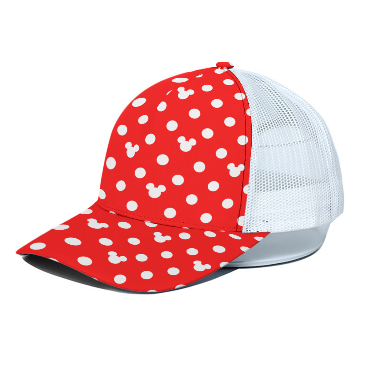 Red With White Mickey Polka Dots Unisex Trucker Hat With White Half Mesh