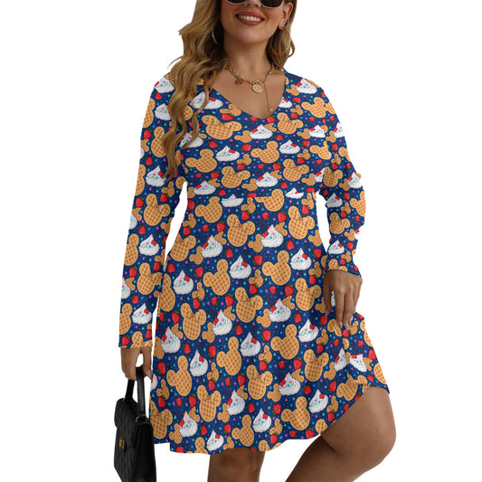 Waffles Plus Size Women's V-neck Long Sleeve Dress