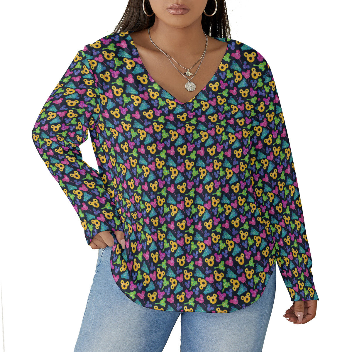 Glitter Park Snacks Women's Plus Size V-Neck T-Shirt With Curved Hem