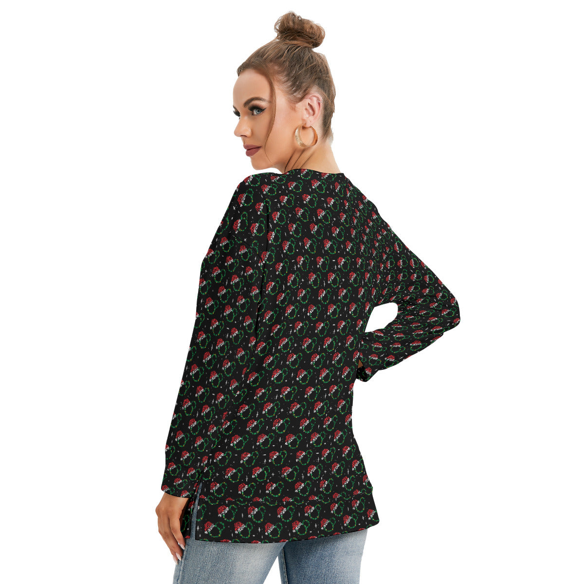 Christmas Women's Side Split O-neck Sweatshirt With Pockets