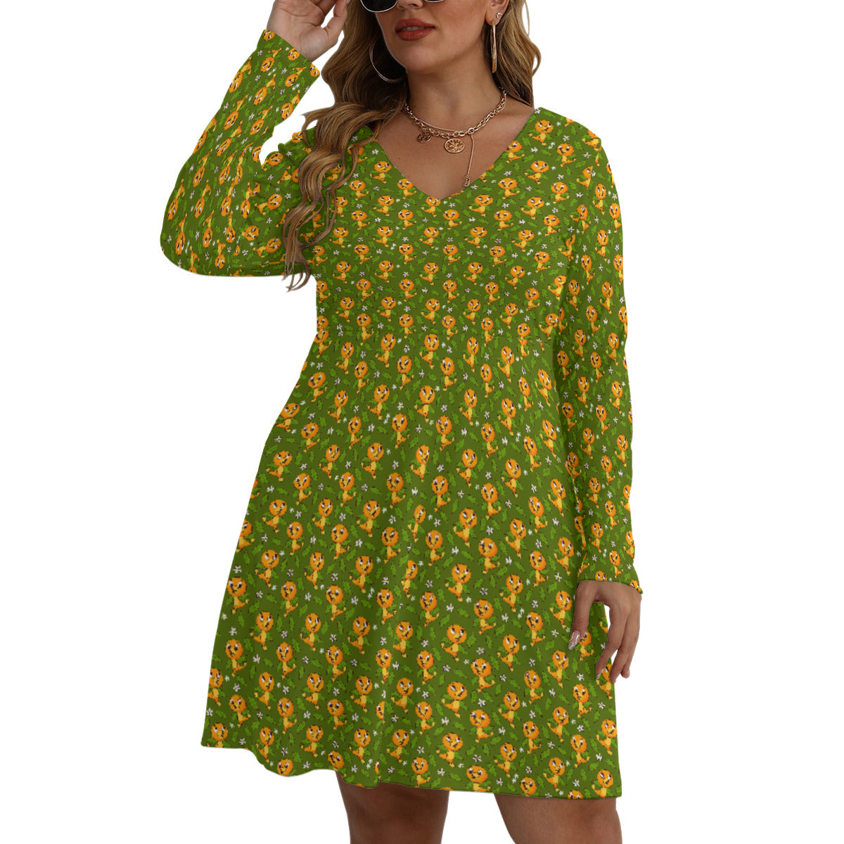 Orange Bird Plus Size Women's V-neck Long Sleeve Dress