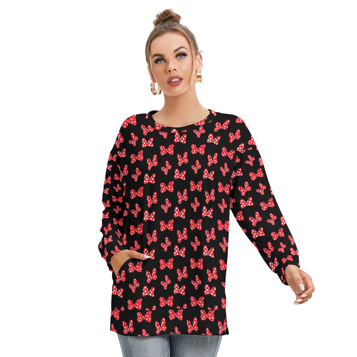 Polka Dot Bows Women's Side Split O-neck Sweatshirt With Pockets