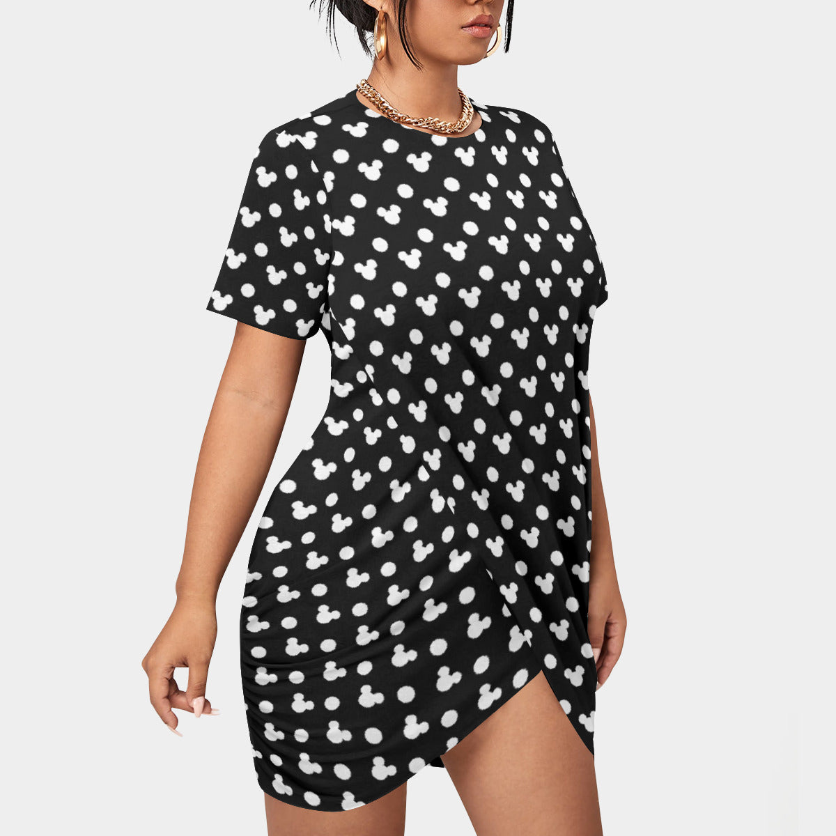 Black With White Mickey Polka Dots Women’s Plus Size Stacked Hem Dress With Short Sleeve