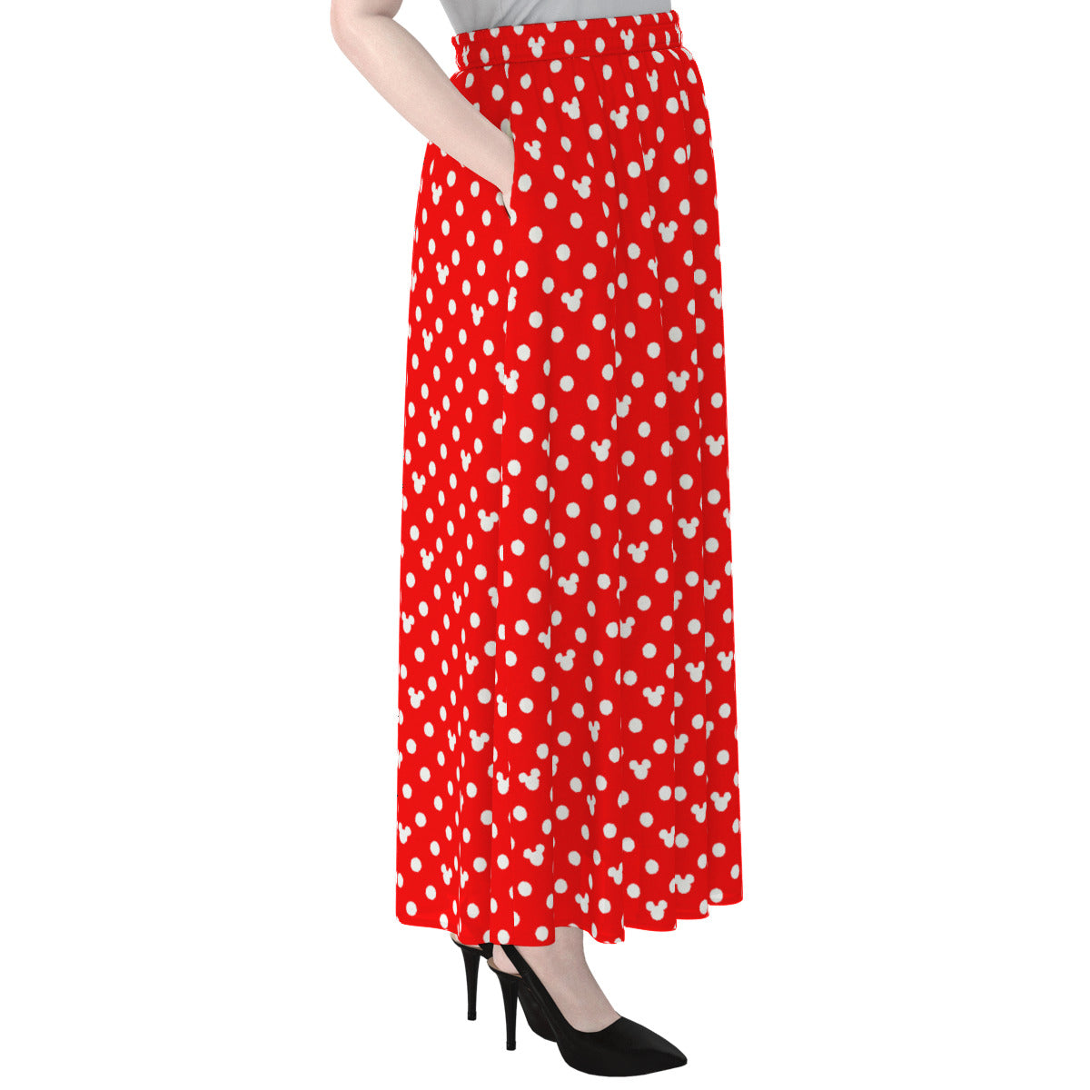 Red With White Mickey Polka Dots Women's Maxi Chiffon Skirt