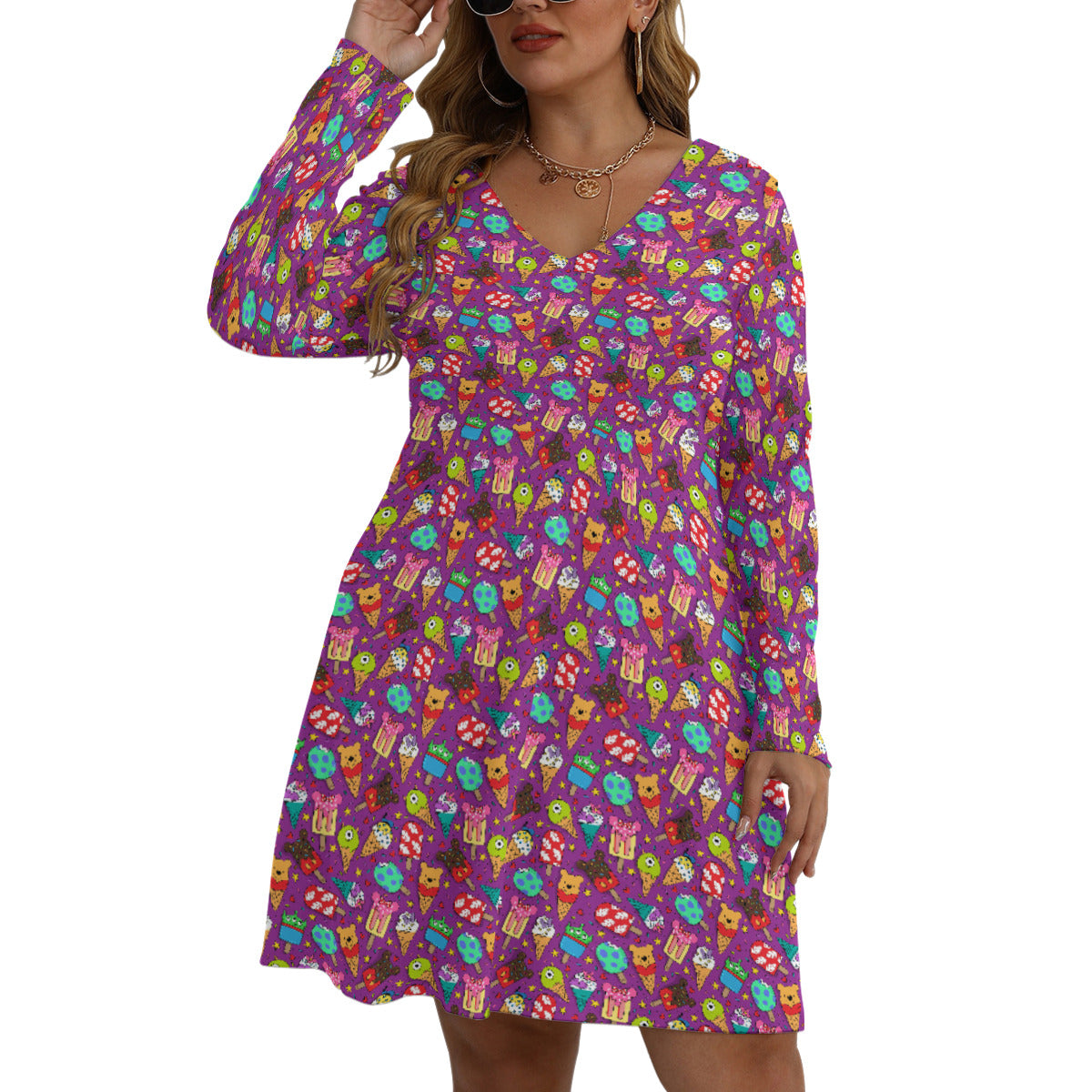 Ice Cream Plus Size Women's V-neck Long Sleeve Dress