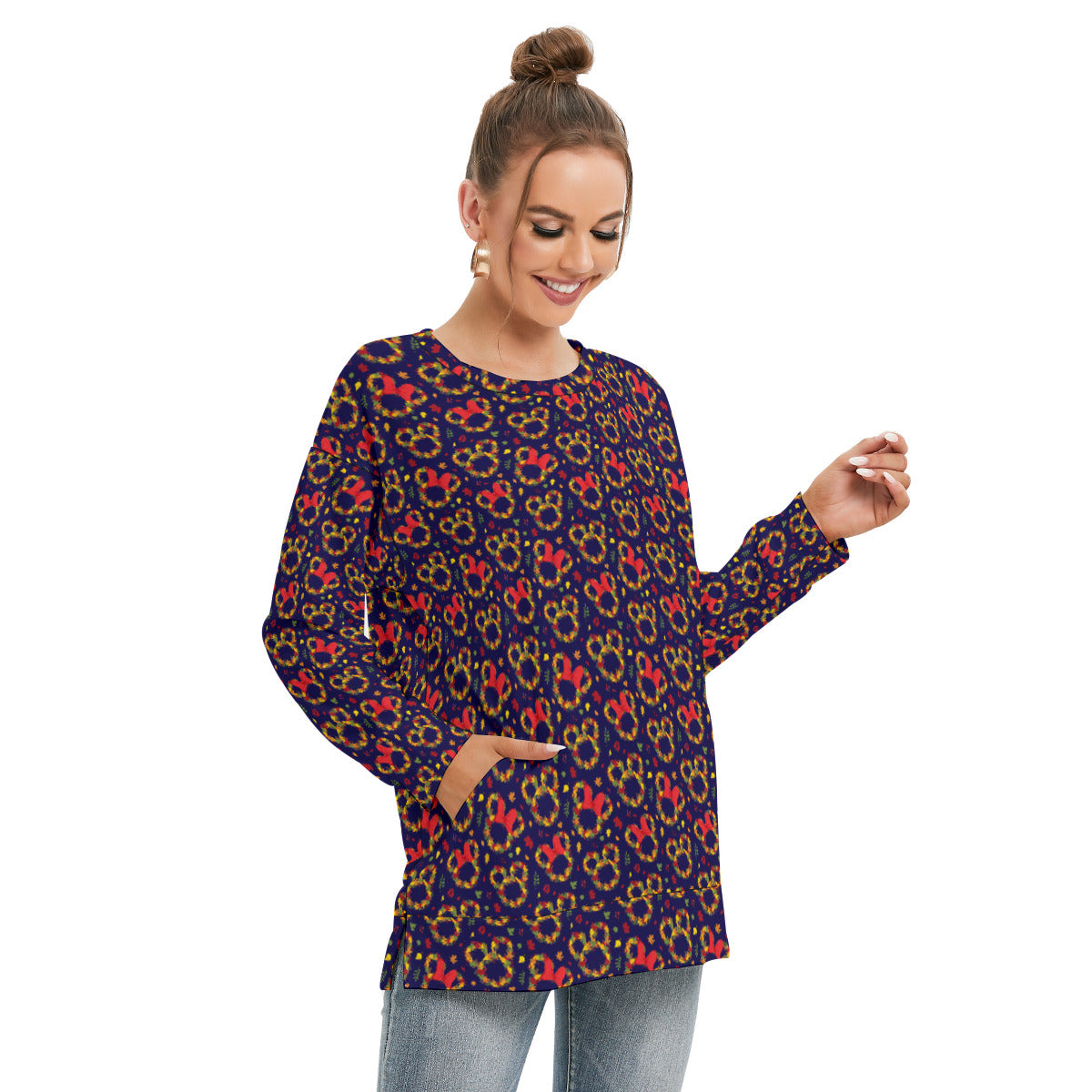 Fall Leaves Women's Side Split O-neck Sweatshirt With Pockets