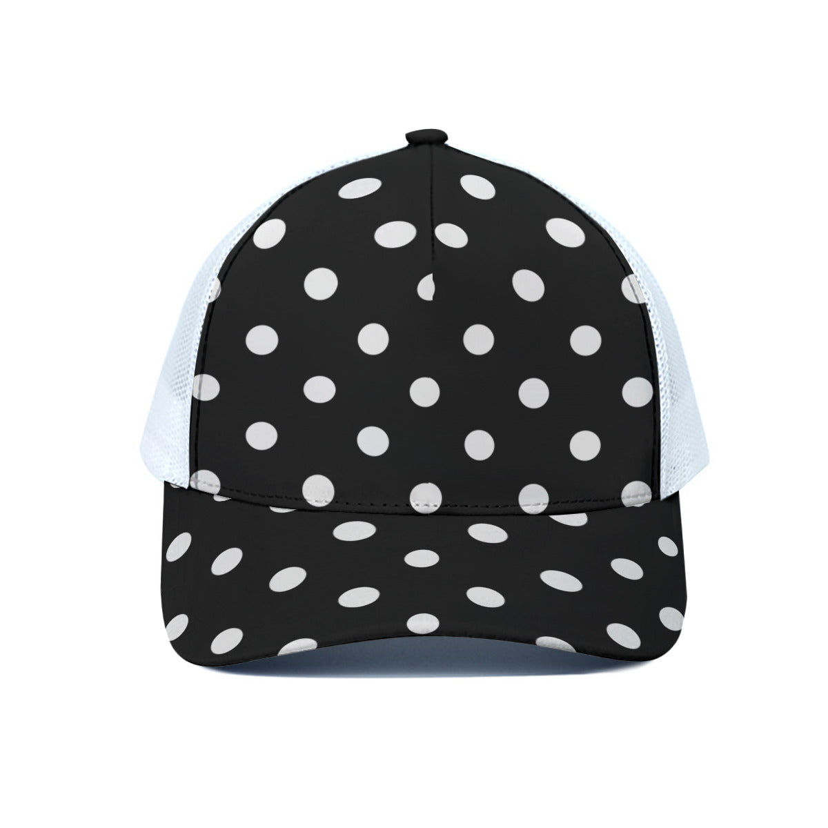 Black With White Polka Dots Unisex Trucker Hat With White Half Mesh