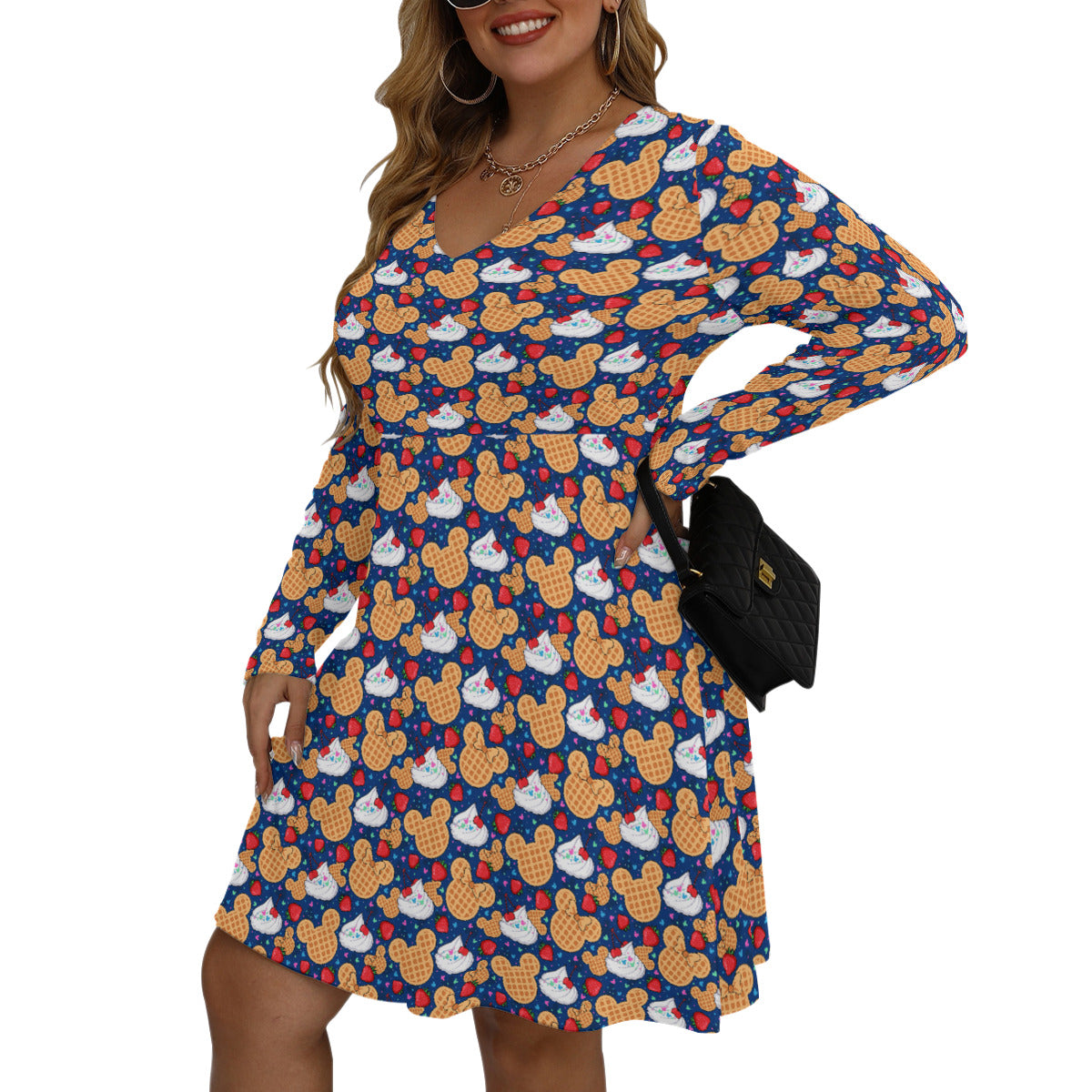 Waffles Plus Size Women's V-neck Long Sleeve Dress