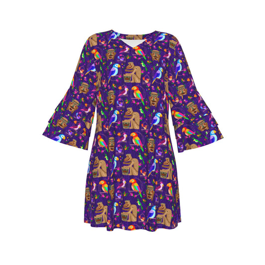 Tiki Plays The Drums Women's Stacked Ruffle Sleeve Dress