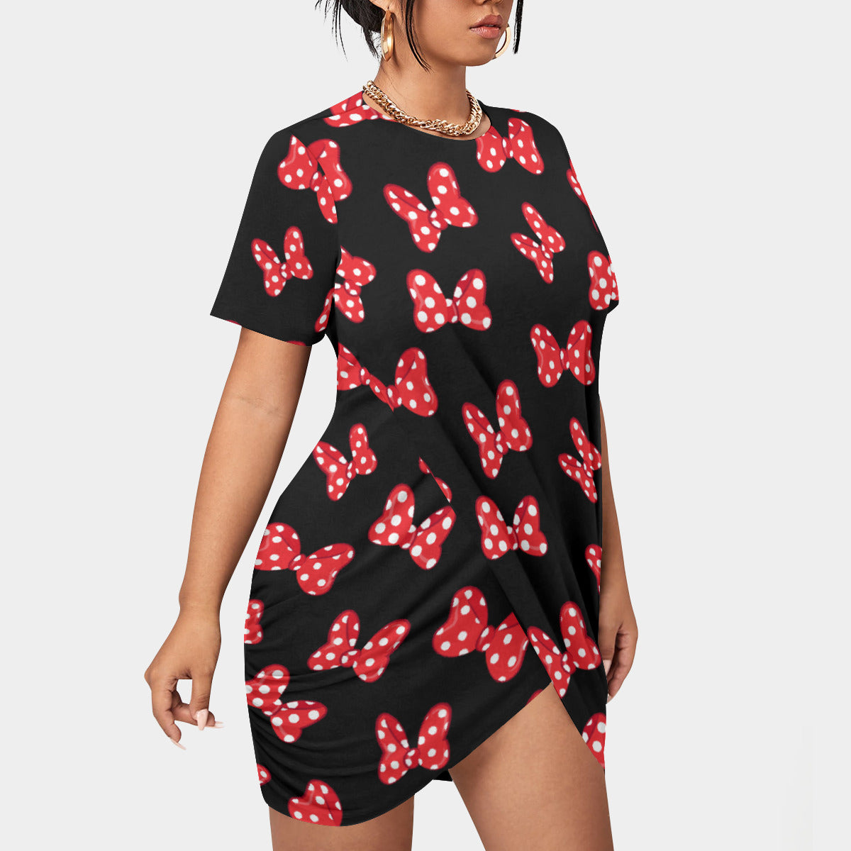 Polka Dot Bows Women’s Plus Size Stacked Hem Dress With Short Sleeve