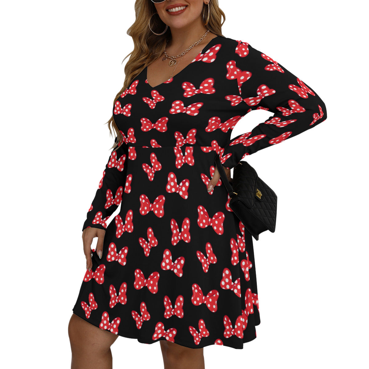 Polka Dot Bows Plus Size Women's V-neck Long Sleeve Dress