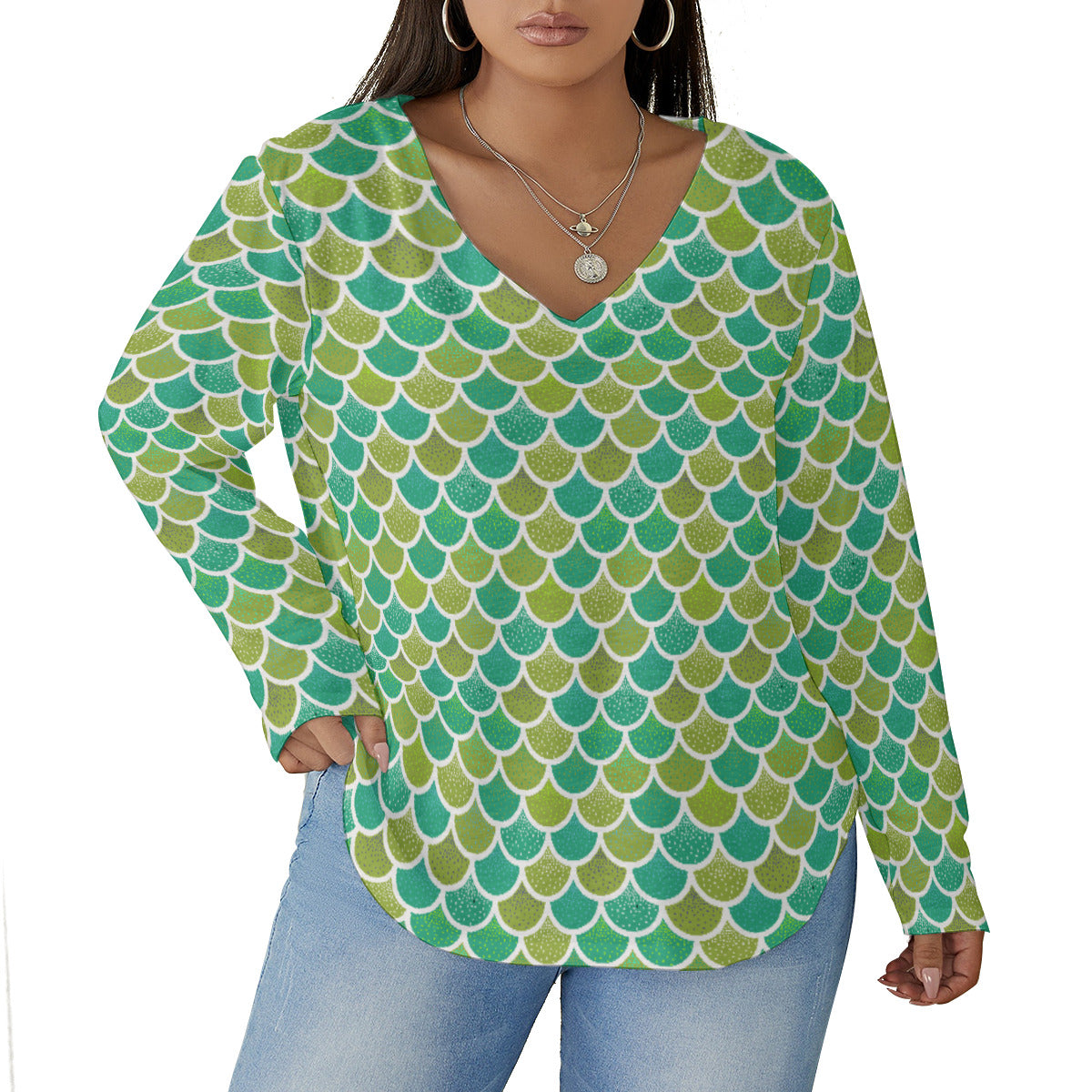 Mermaid Scales Women's Plus Size V-Neck T-Shirt With Curved Hem