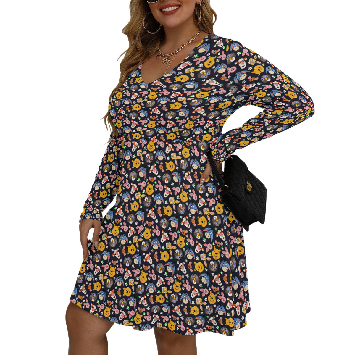 Hundred Acre Wood Friends Plus Size Women's V-neck Long Sleeve Dress