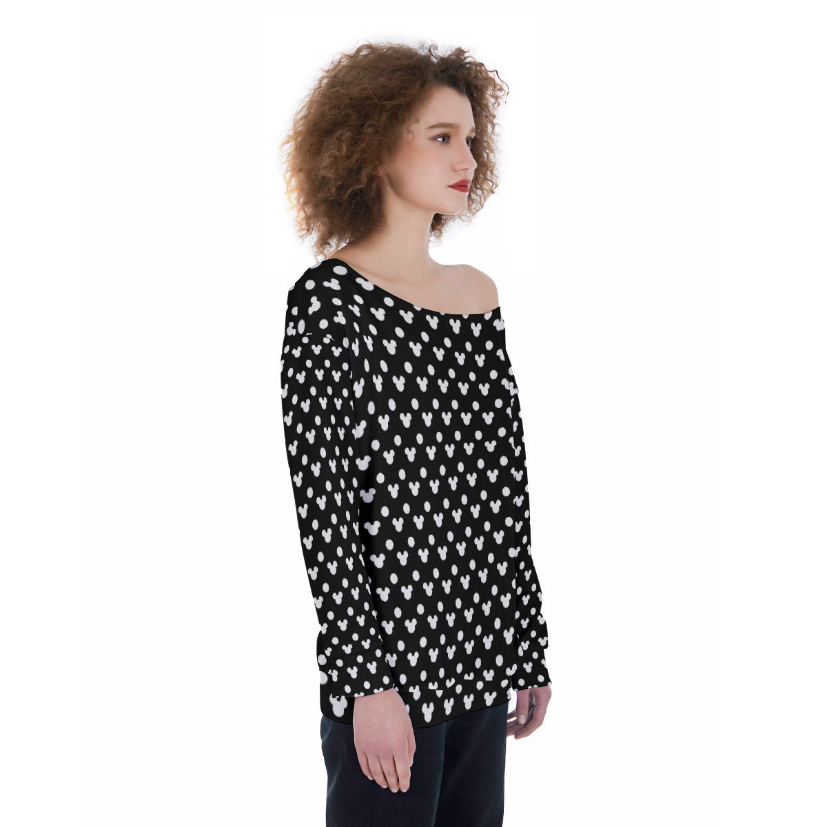 Black With White Mickey Polka Dots Oversized Women's Off-Shoulder Sweatshirt