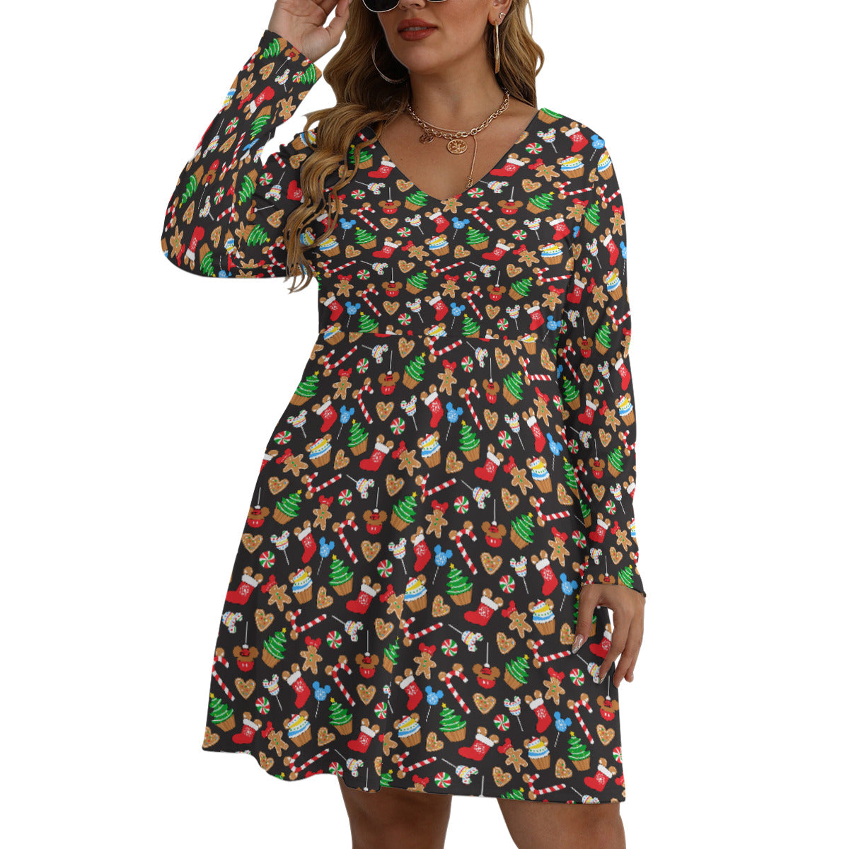 Christmas Snacks Plus Size Women's V-neck Long Sleeve Dress