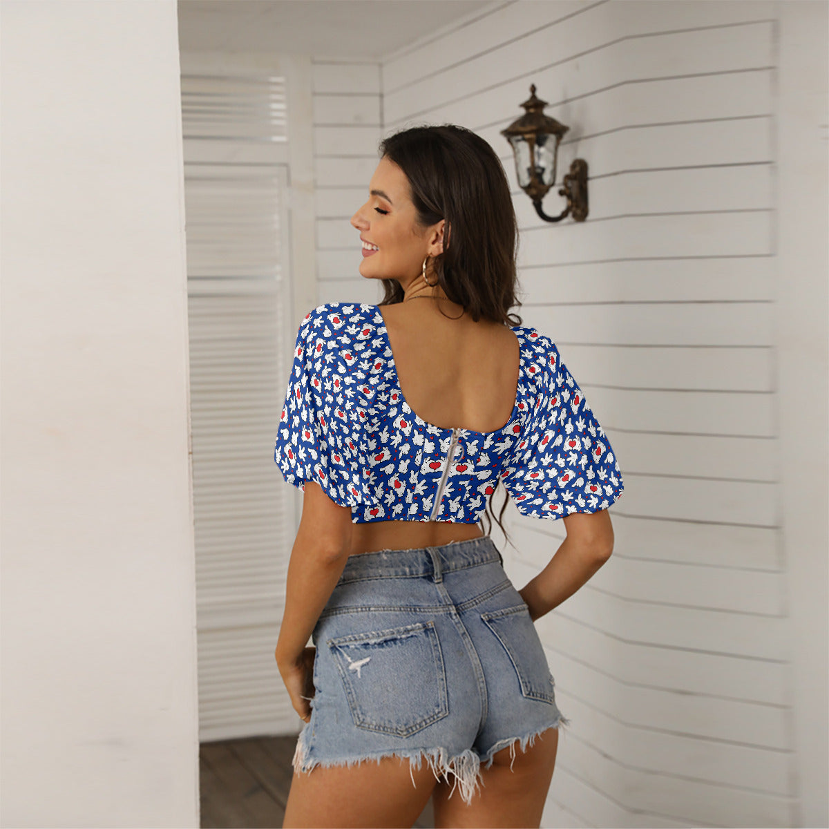 Happy Hands Women's Square Collar Cropped Top With Puff Sleeve