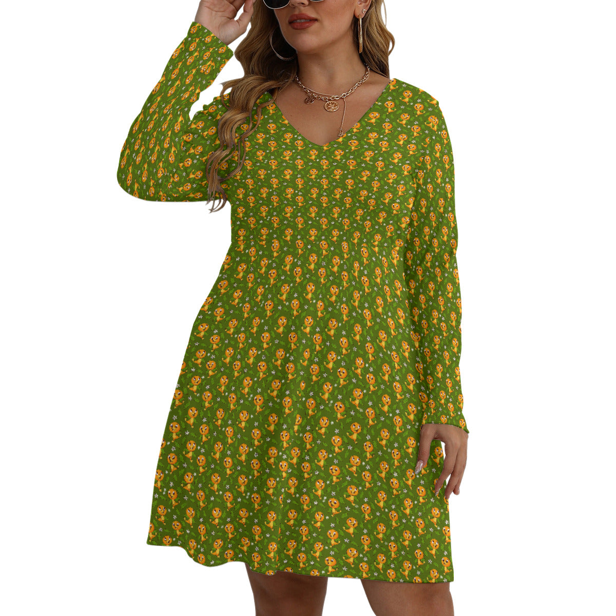 Orange Bird Plus Size Women's V-neck Long Sleeve Dress