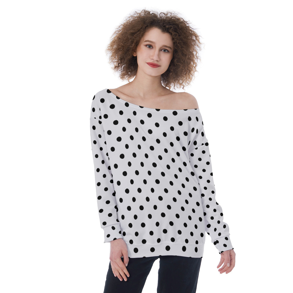 White With Black Polka Dots Oversized Women's Off-Shoulder Sweatshirt