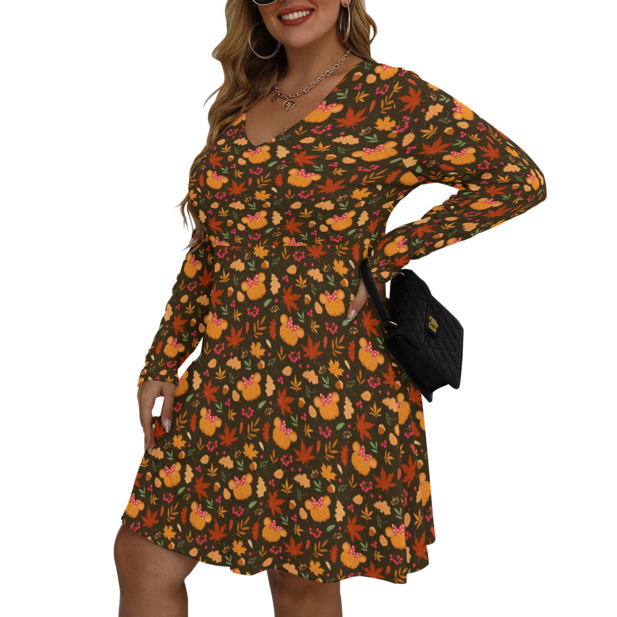 Fall Pumpkins Plus Size Women's V-neck Long Sleeve Dress