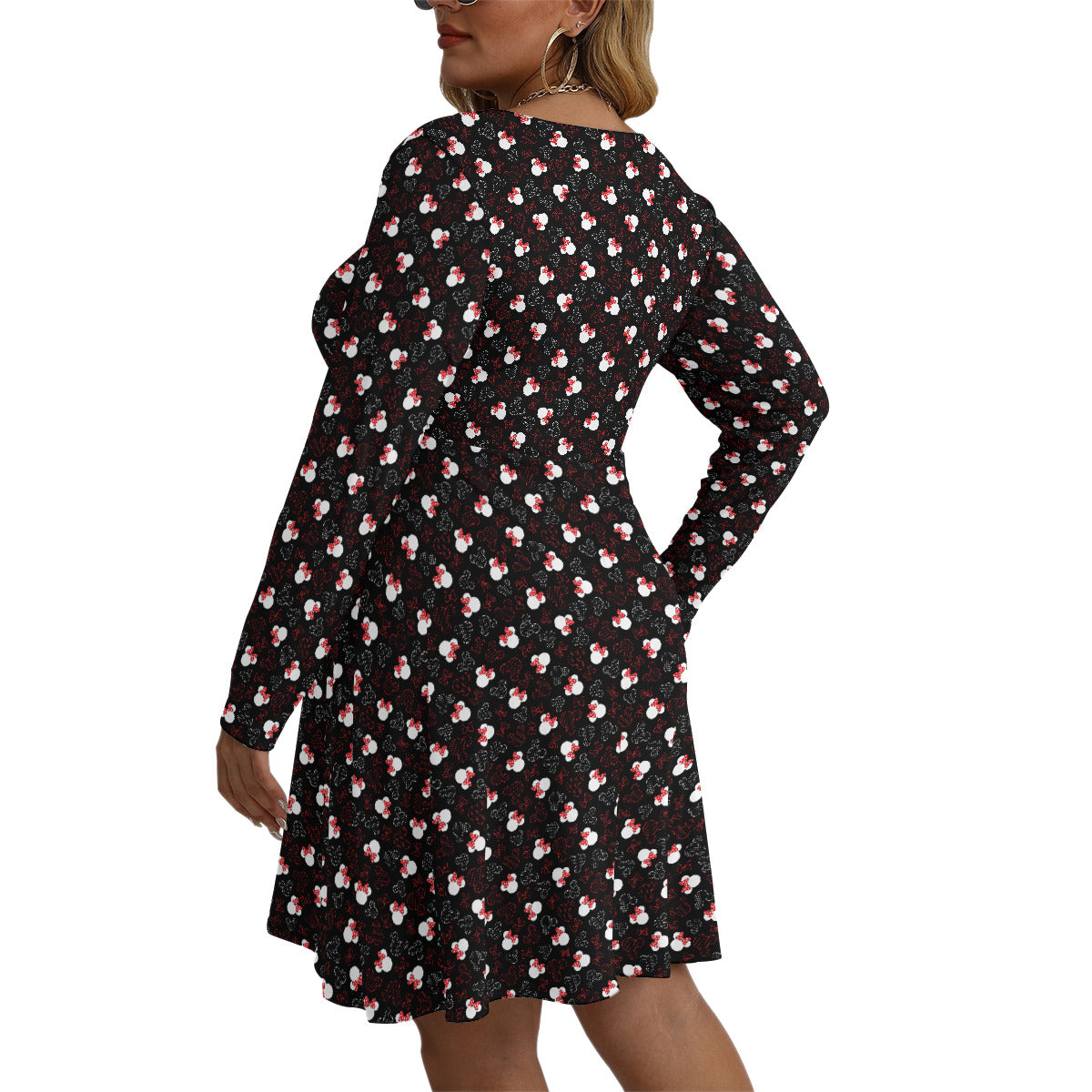 Mickey And Minnie Dots Plus Size Women's V-neck Long Sleeve Dress