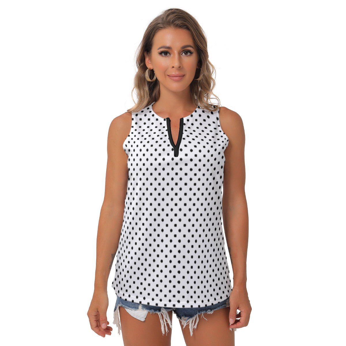 White With Black Polka Dots Women's Sleeveless V-Neck Top