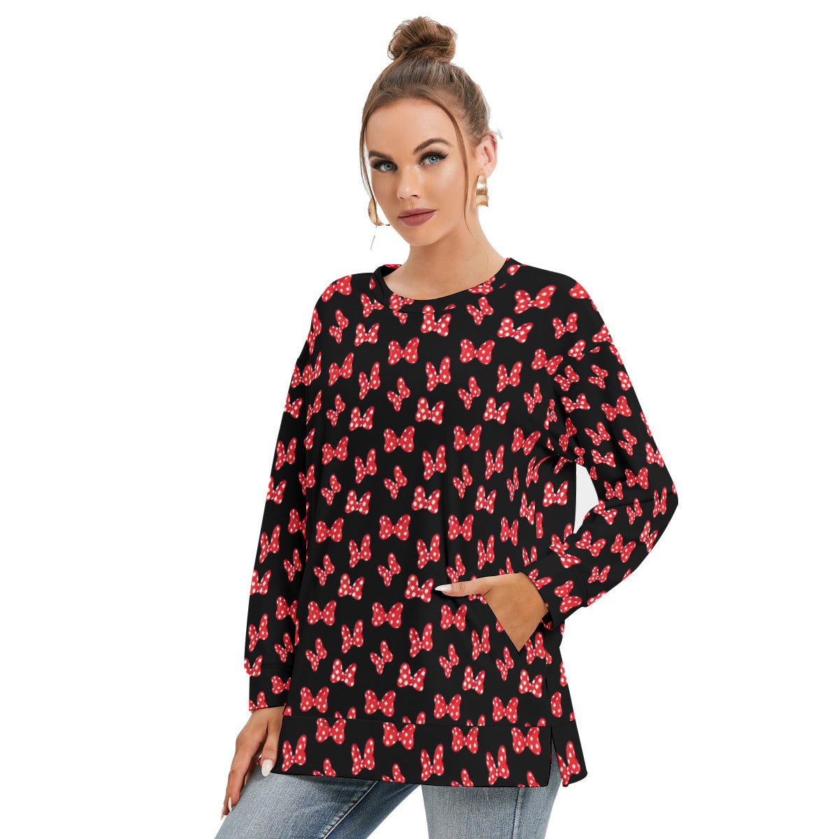 Polka Dot Bows Women's Side Split O-neck Sweatshirt With Pockets