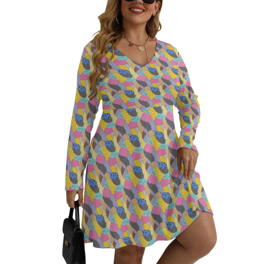 Sally's Dress Plus Size Women's V-neck Long Sleeve Dress