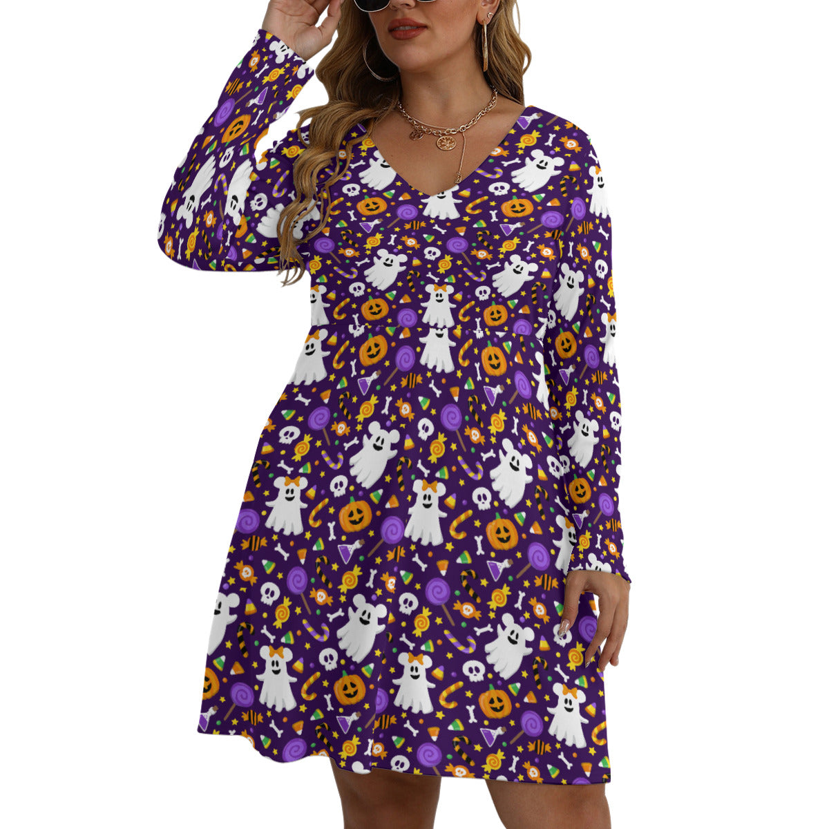 Mickey And Minnie Ghosts Plus Size Women's V-neck Long Sleeve Dress