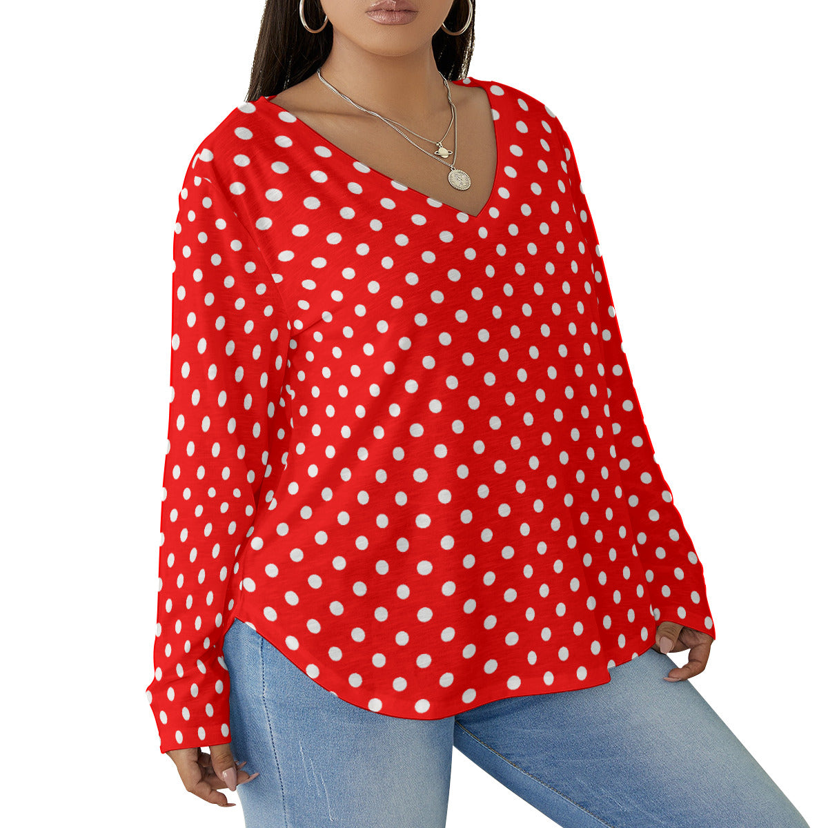 Red With White Polka Dots Women's Plus Size V-Neck T-Shirt With Curved Hem