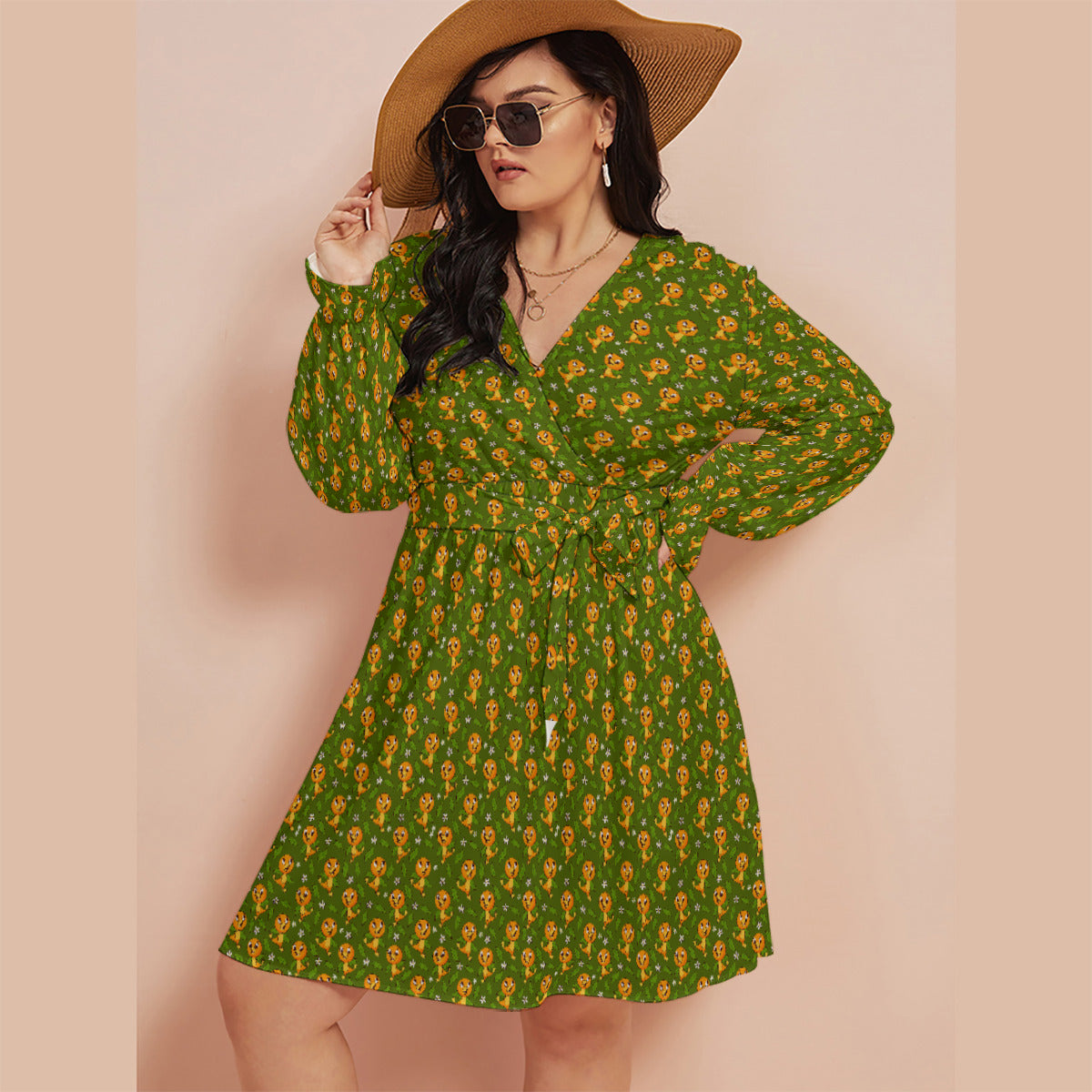 Orange Bird Women's V-neck Dress With Waistband