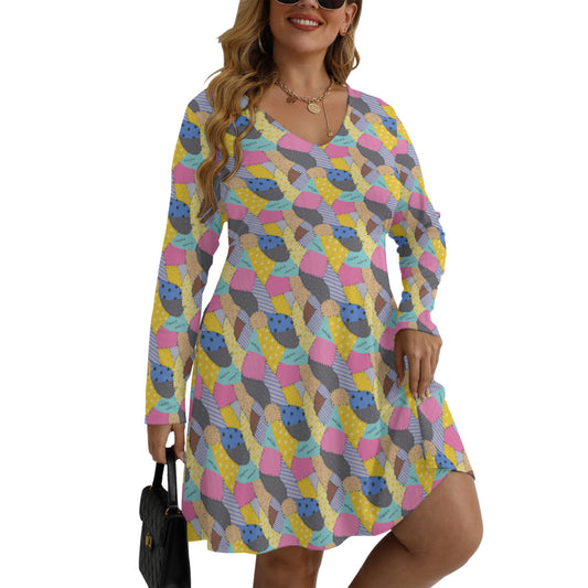 Sally's Dress Plus Size Women's V-neck Long Sleeve Dress