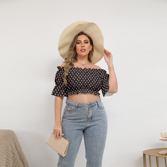 Mickey And Minnie Dots Women's Off-Shoulder Cropped Top With Short Puff Sleeve