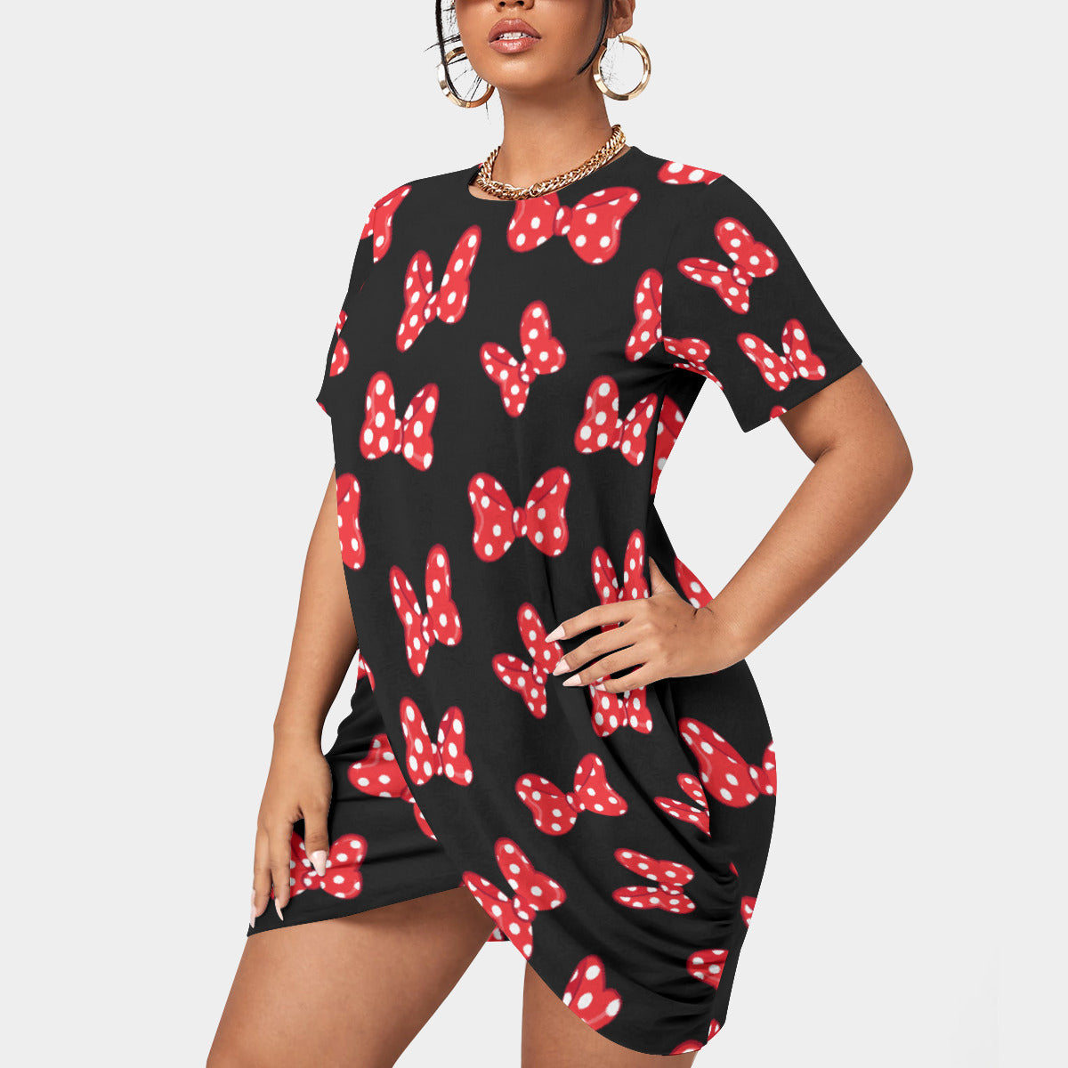 Polka Dot Bows Women’s Plus Size Stacked Hem Dress With Short Sleeve