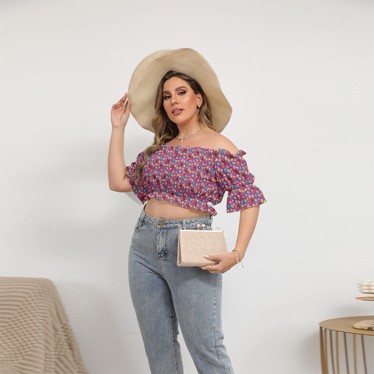 Ice Cream Women's Off-Shoulder Cropped Top With Short Puff Sleeve
