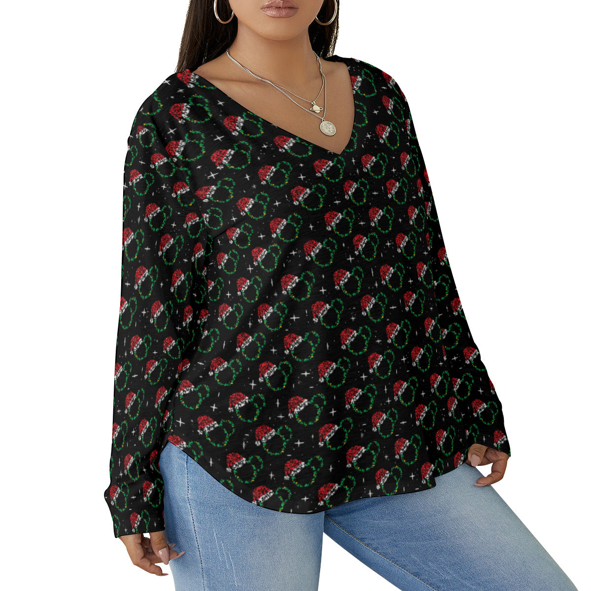 Christmas Women's Plus Size V-Neck T-Shirt With Curved Hem