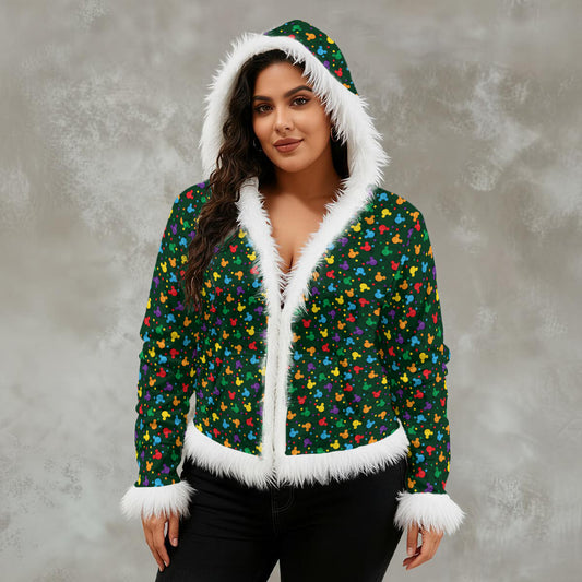 Christmas Lights Women's Faux Fur Trim Hooded Jacket