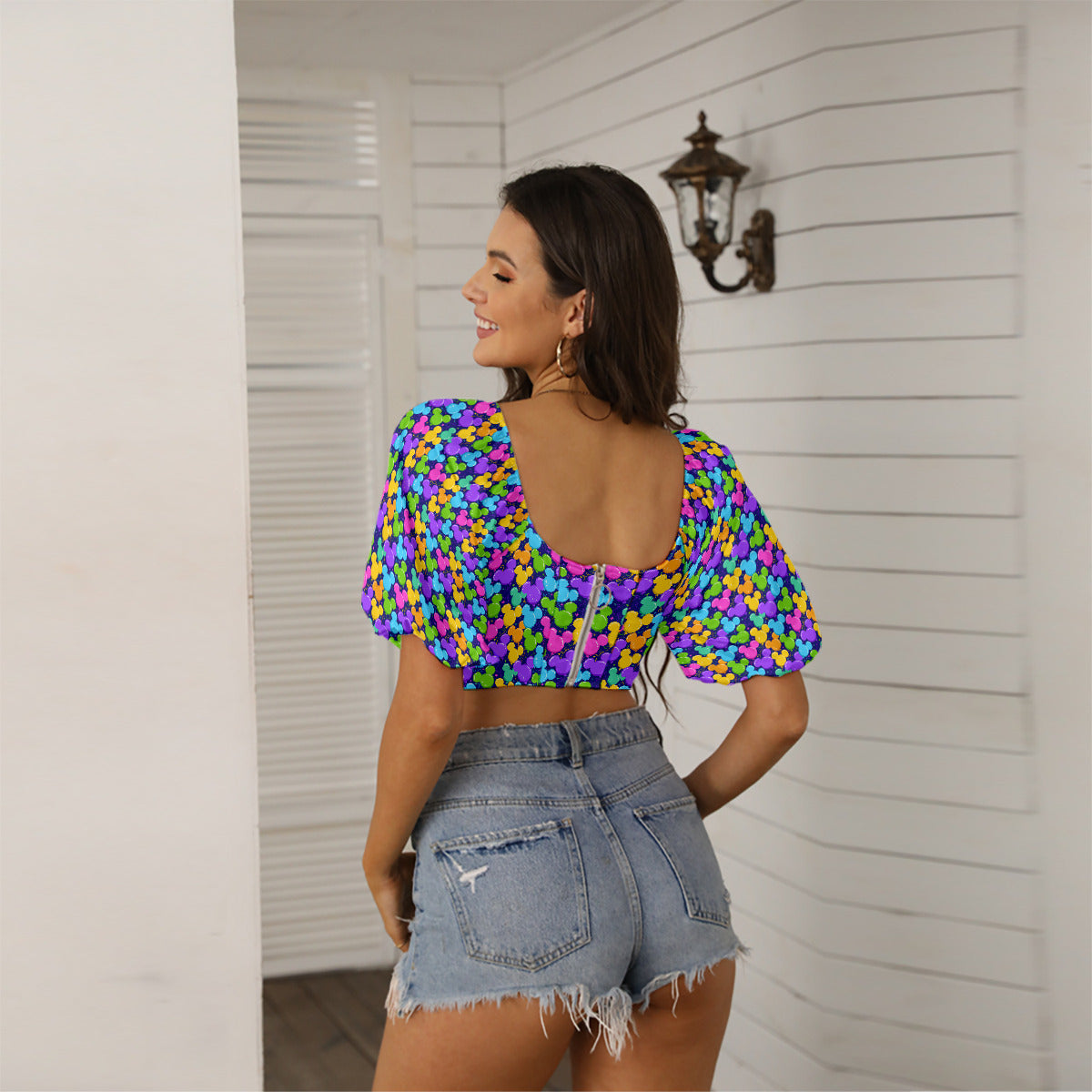 Park Balloons Women's Square Collar Cropped Top With Puff Sleeve