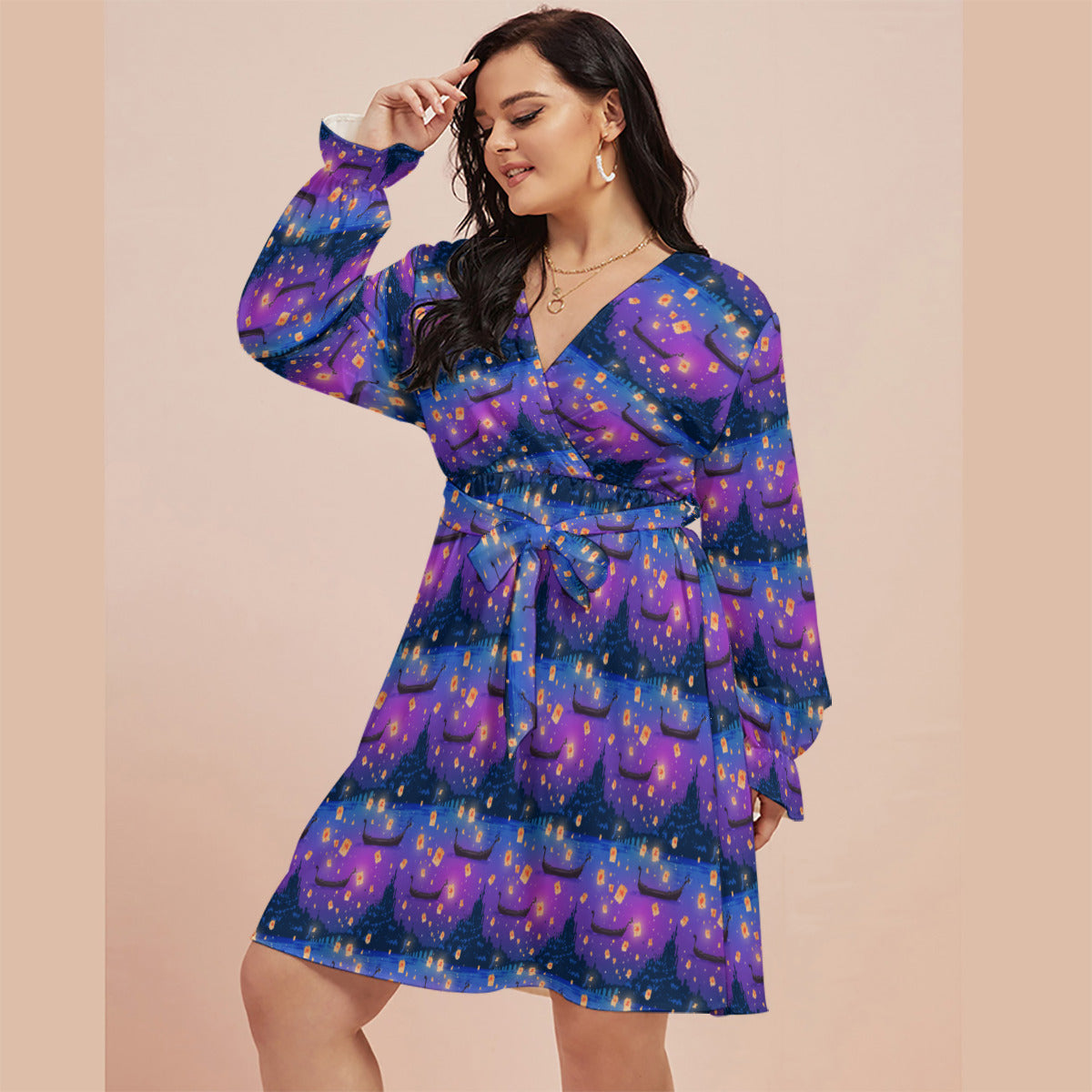 Floating Lanterns Women's Plus Size V-neck Dress With Waistband